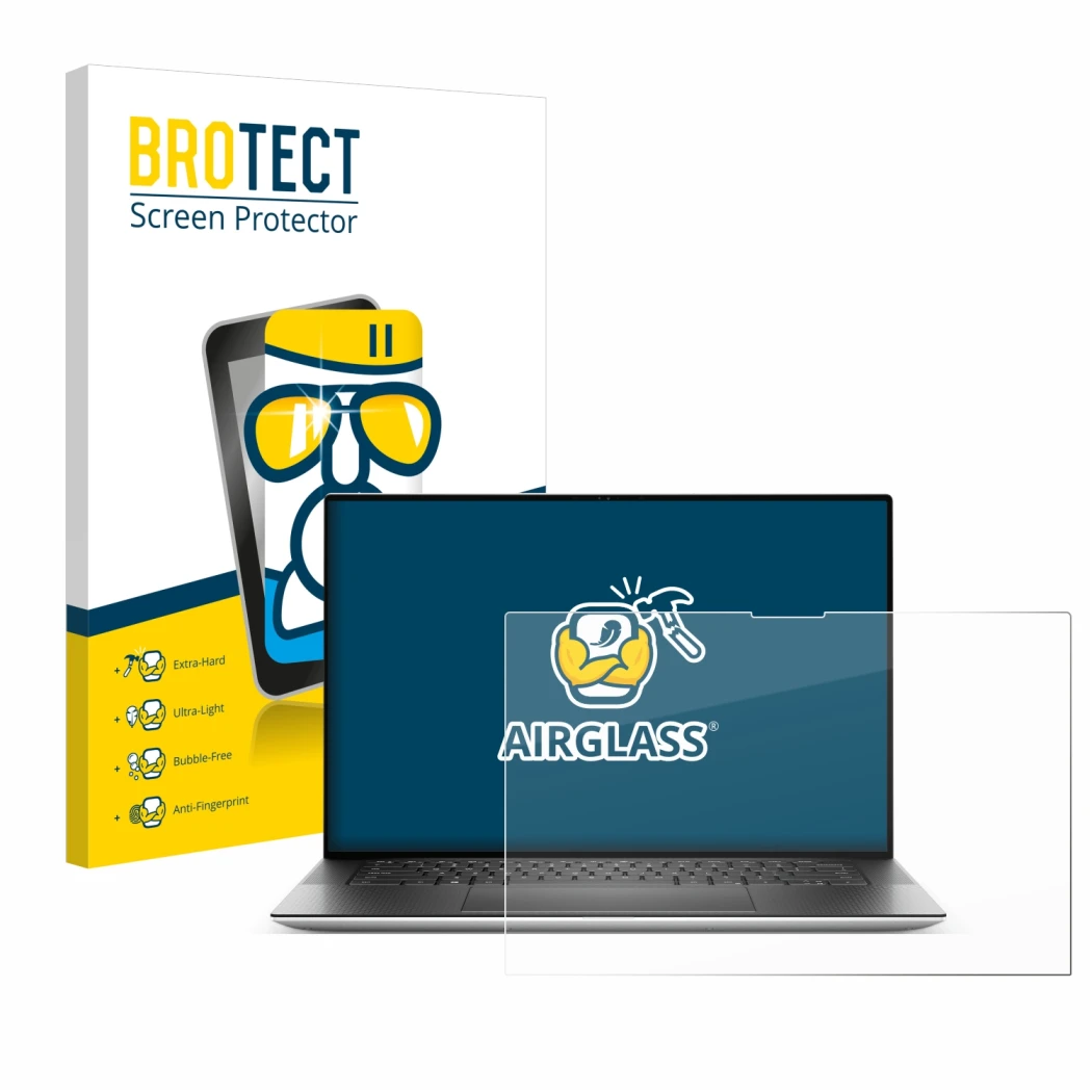 Front side of a product packaging with the brand logo BROTECT. Next to it is the device Dell XPS 15 9530 Touch shown with the 
