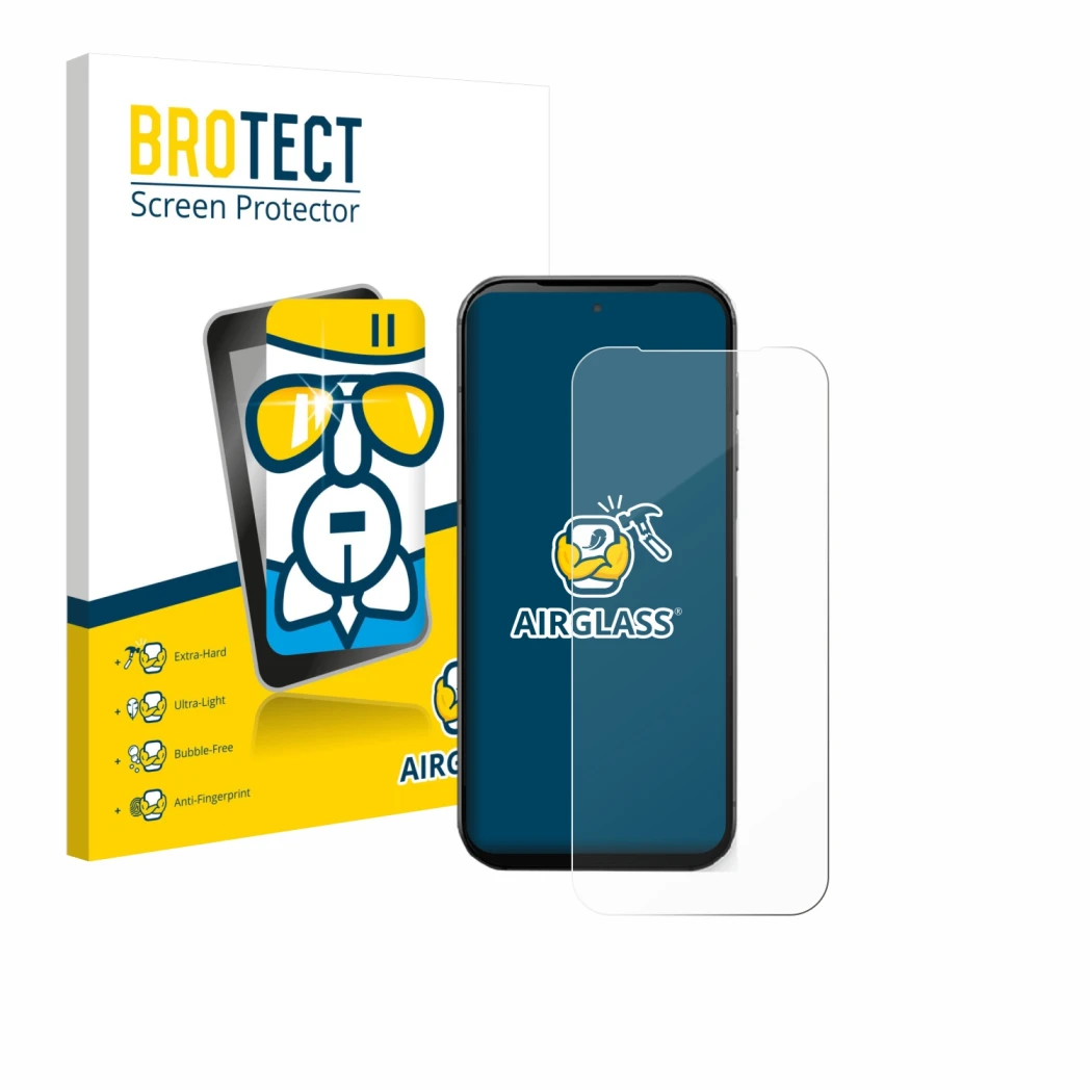 Front side of a product packaging with the brand logo BROTECT. Next to it is the device Fairphone 5 shown with the correspondi