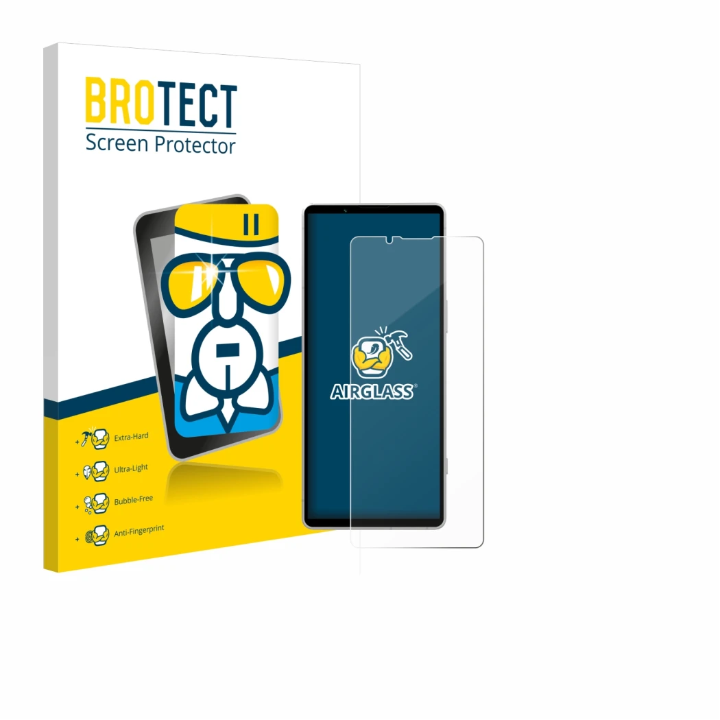 Front side of a product packaging with the brand logo BROTECT. Next to it is the device Sony Xperia 5 V shown with the corresp