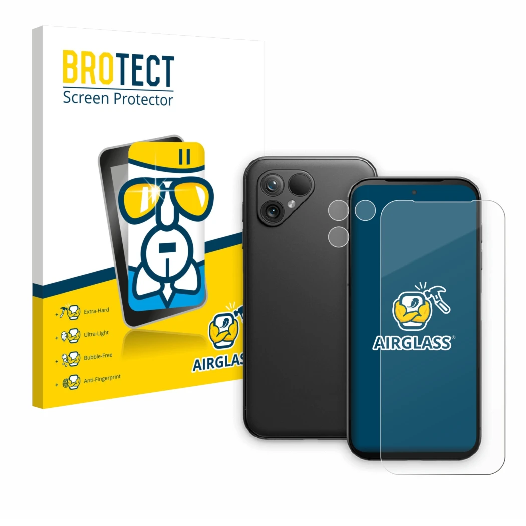 Front side of a product packaging with the brand logo BROTECT. Next to it is the device Fairphone 5 (Front+Camera) shown with 