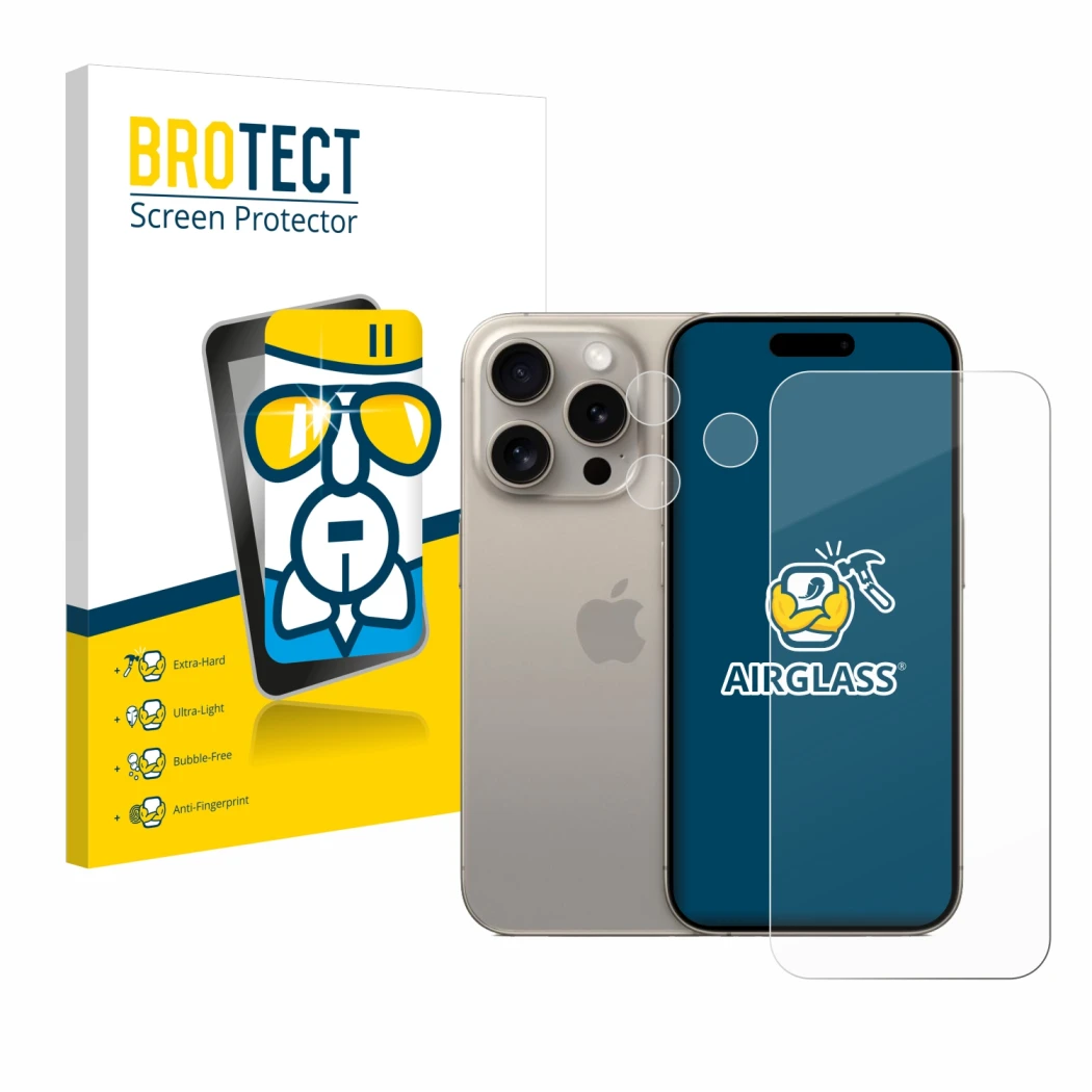 Front side of a product packaging with the brand logo BROTECT. Next to it is the device Apple iPhone 15 Pro (Front+Camera) sho