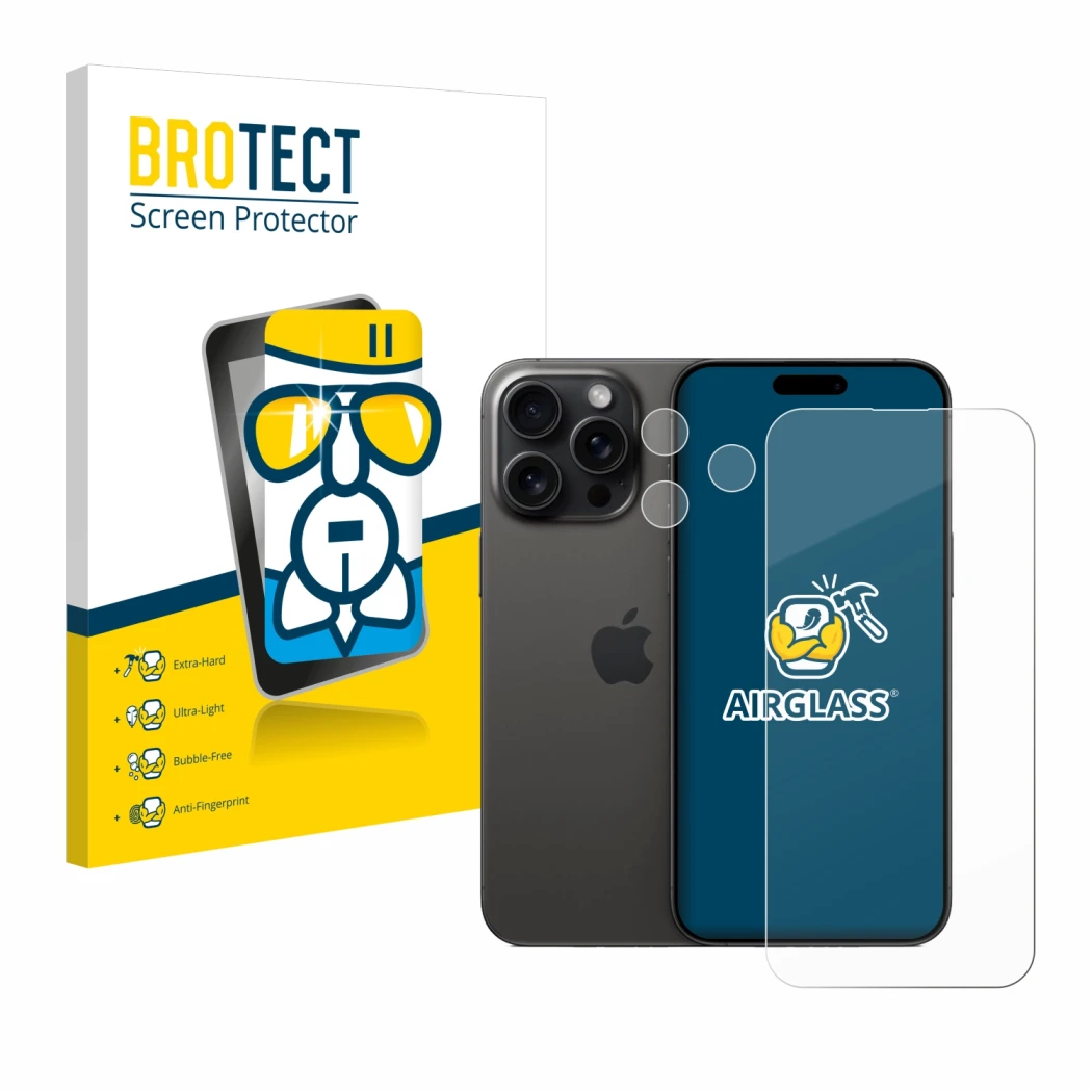 Front side of a product packaging with the brand logo BROTECT. Next to it is the device Apple iPhone 15 Pro Max (Front+Camera)