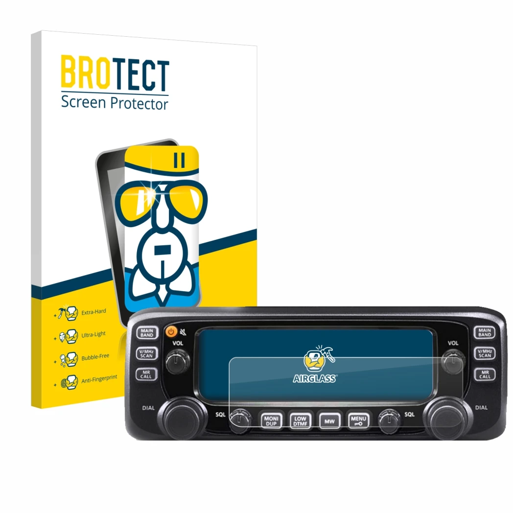 Front side of a product packaging with the brand logo BROTECT. Next to it is the device Icom IC-2730E shown with the correspon