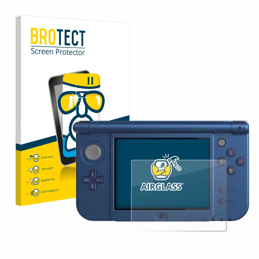 Front side of a product packaging with the brand logo BROTECT. Next to it is the device Nintendo New 3DS XL (Lower display) sh