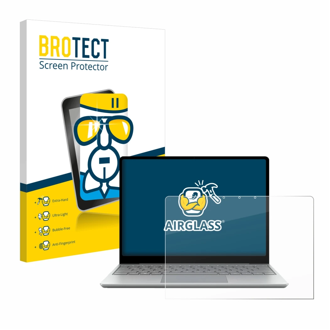 Front side of a product packaging with the brand logo BROTECT. Next to it is the device Microsoft Surface Laptop Go 3 Business