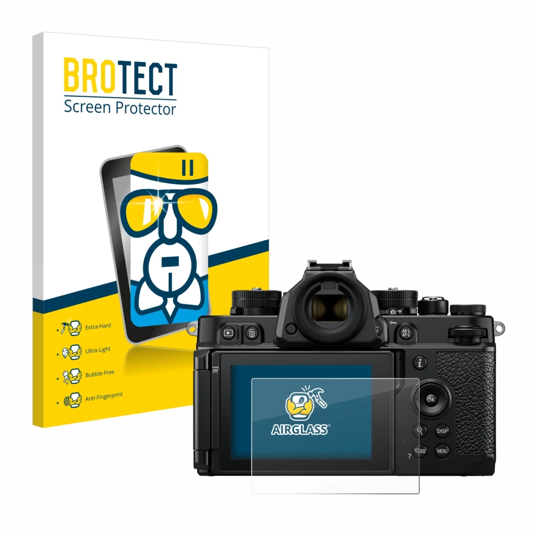 Front side of a product packaging with the brand logo BROTECT. Next to it is the device Nikon Z F shown with the corresponding
