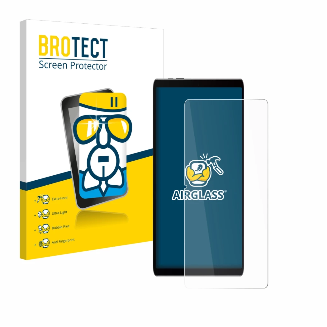 Front side of a product packaging with the brand logo BROTECT. Next to it is the device Samsung Galaxy Tab S9 FE shown with th