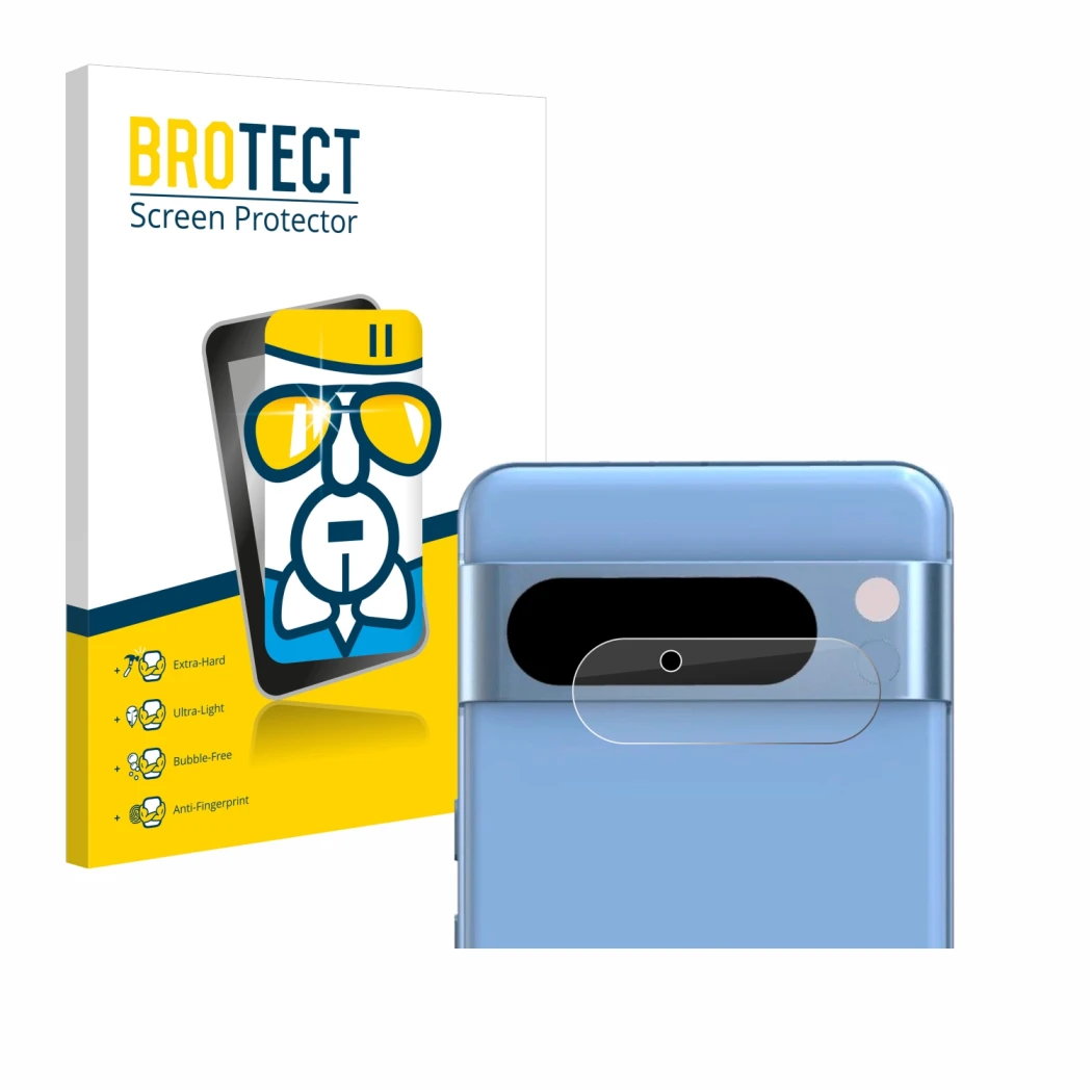 Front side of a product packaging with the brand logo BROTECT. Next to it is the device Google Pixel 8 Pro (ONLY Camera Lens)