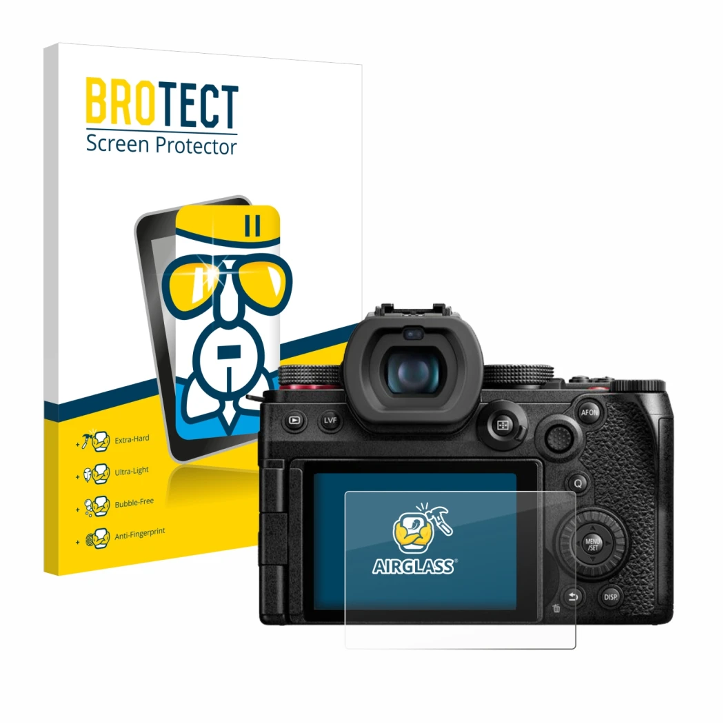 Front side of a product packaging with the brand logo BROTECT. Next to it is the device Panasonic Lumix DC-G9 II shown with th