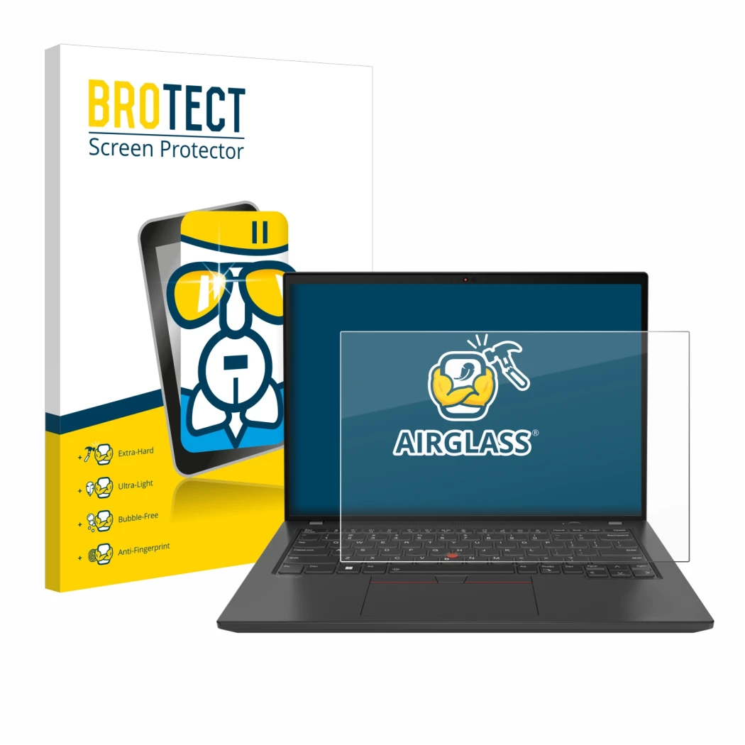 Front side of a product packaging with the brand logo BROTECT. Next to it is the device Lenovo ThinkPad T16 Gen 3 shown with t