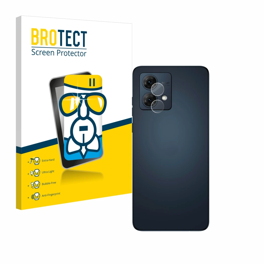 Front side of a product packaging with the brand logo BROTECT. Next to it is the device Motorola Moto G84 (ONLY Camera Lens) s