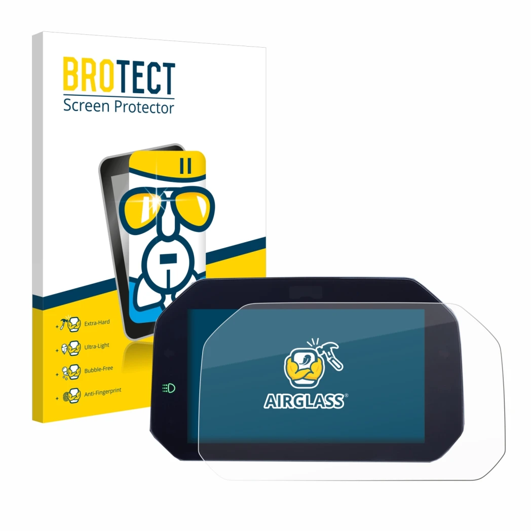 Front side of a product packaging with the brand logo BROTECT. Next to it is the device BMW R 1300 GS TFT 6.5