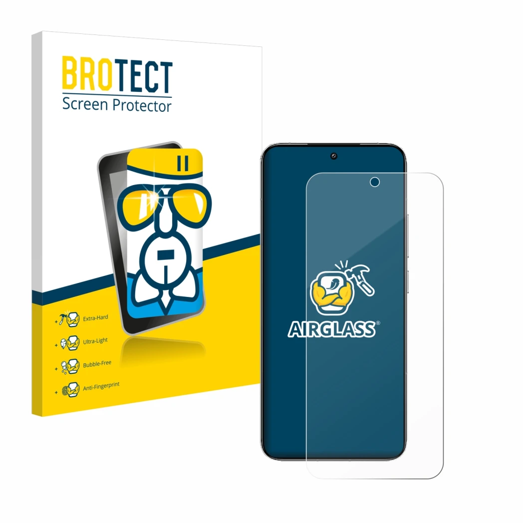 Front side of a product packaging with the brand logo BROTECT. Next to it is the device Xiaomi 14 shown with the corresponding