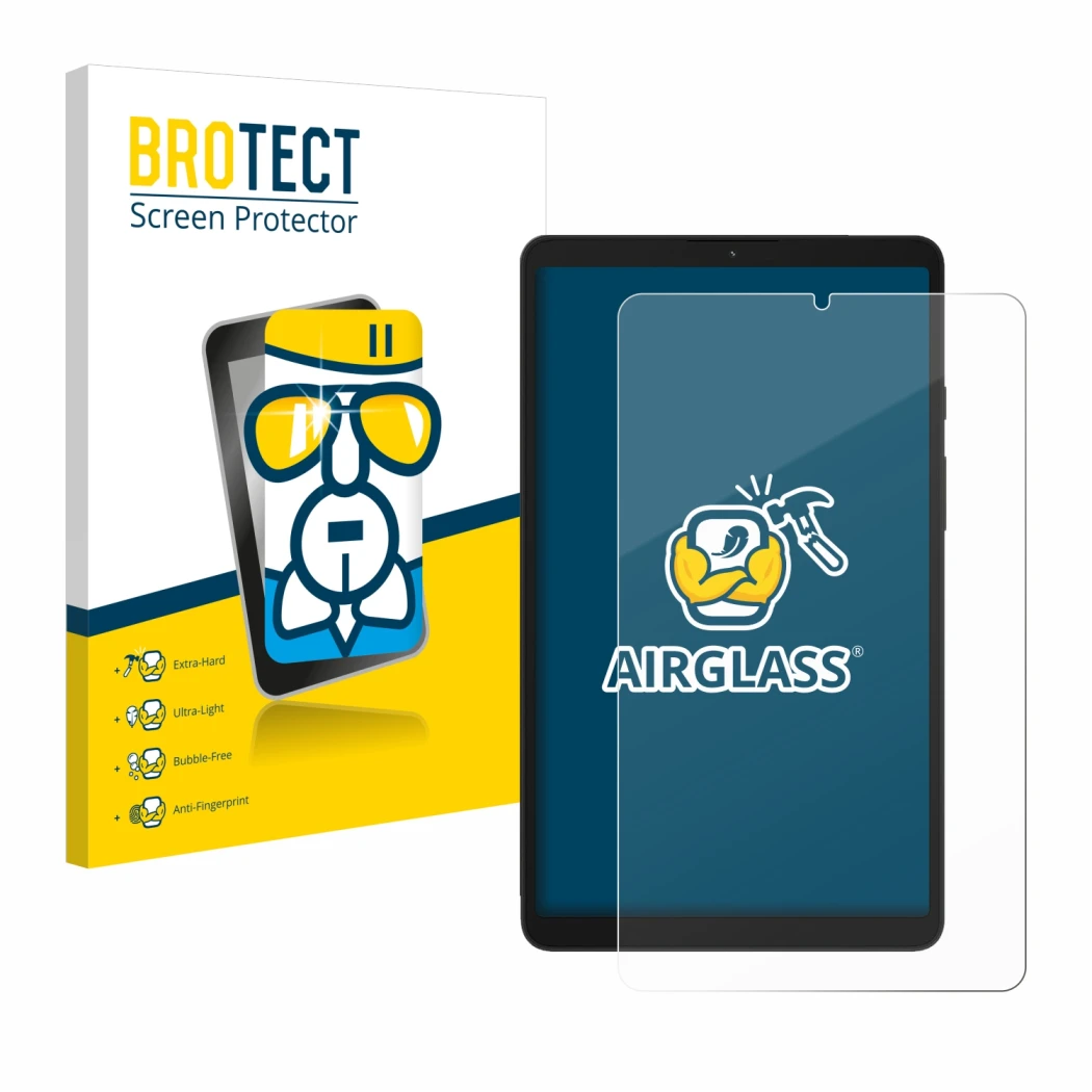 Front side of a product packaging with the brand logo BROTECT. Next to it is the device Samsung Galaxy Tab A9 LTE shown with t