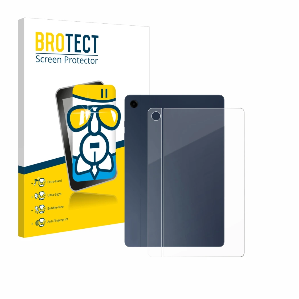 Front side of a product packaging with the brand logo BROTECT. Next to it is the device Samsung Galaxy Tab A9 Plus 5G (Back) s