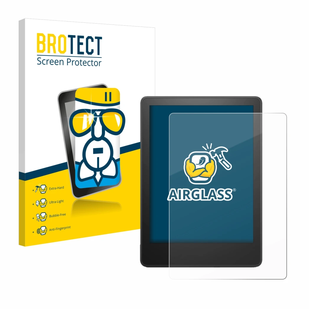 Front side of a product packaging with the brand logo BROTECT. Next to it is the device Amazon Kindle Paperwhite 2023 (11th Ge