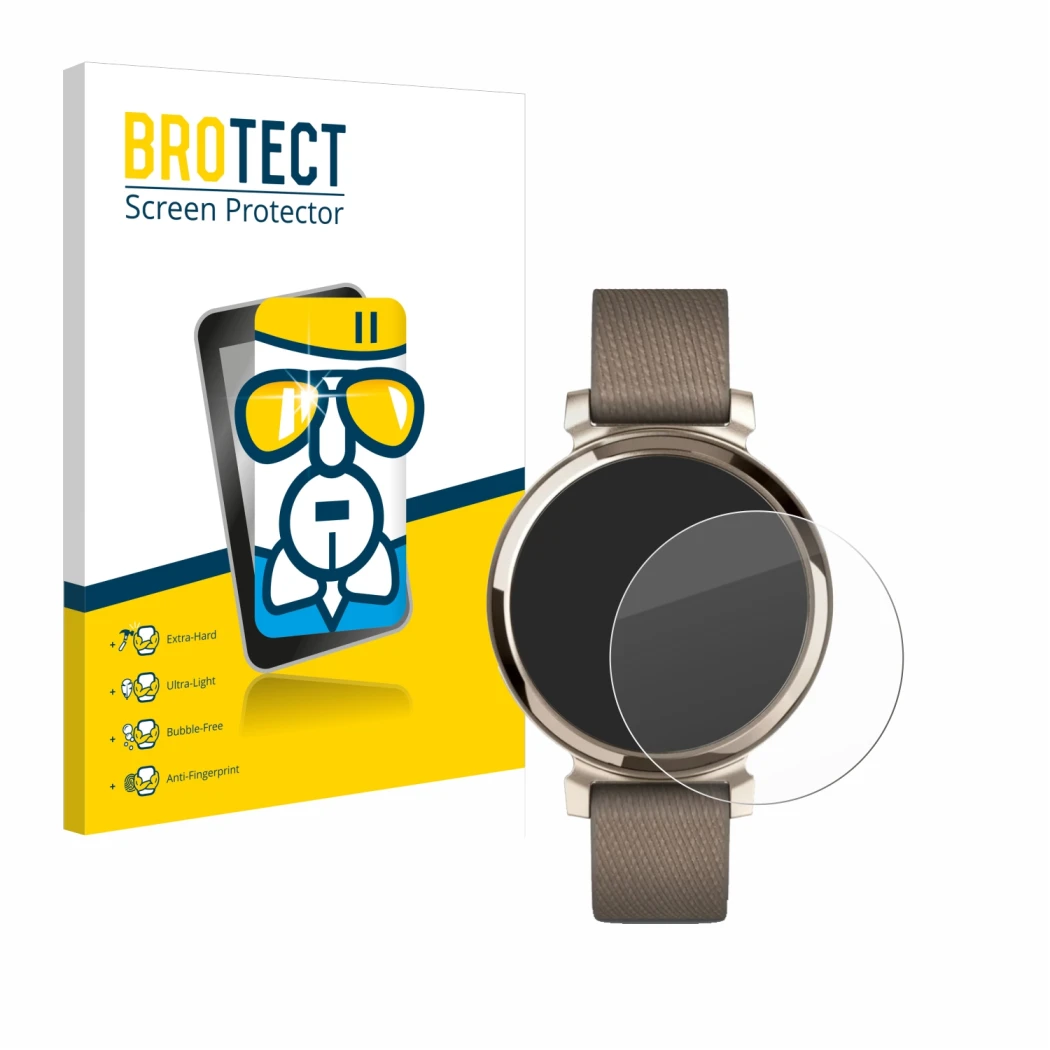Front side of a product packaging with the brand logo BROTECT. Next to it is the device Garmin Lily 2 shown with the correspon