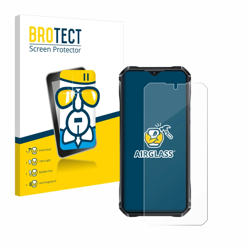 Front side of a product packaging with the brand logo BROTECT. Next to it is the device Oukitel WP33 Pro shown with the corres