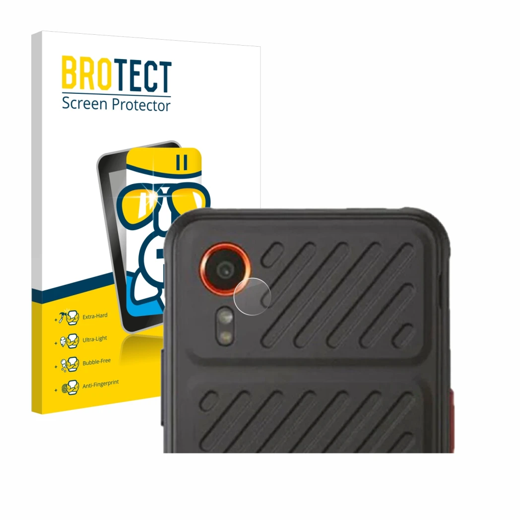 Front side of a product packaging with the brand logo BROTECT. Next to it is the device Samsung Galaxy XCover 7 (ONLY Camera L