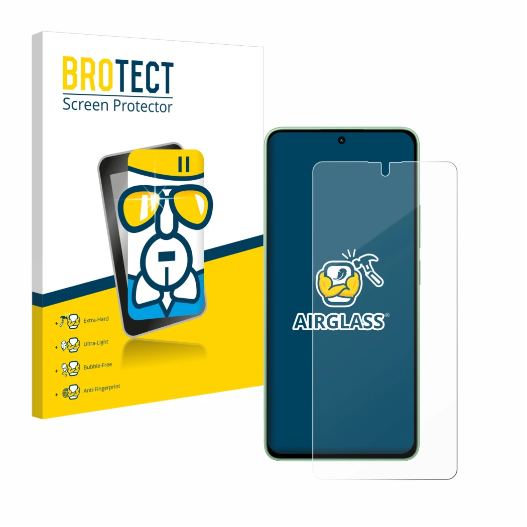 Front side of a product packaging with the brand logo BROTECT. Next to it is the device Xiaomi Redmi Note 13 4G shown with the