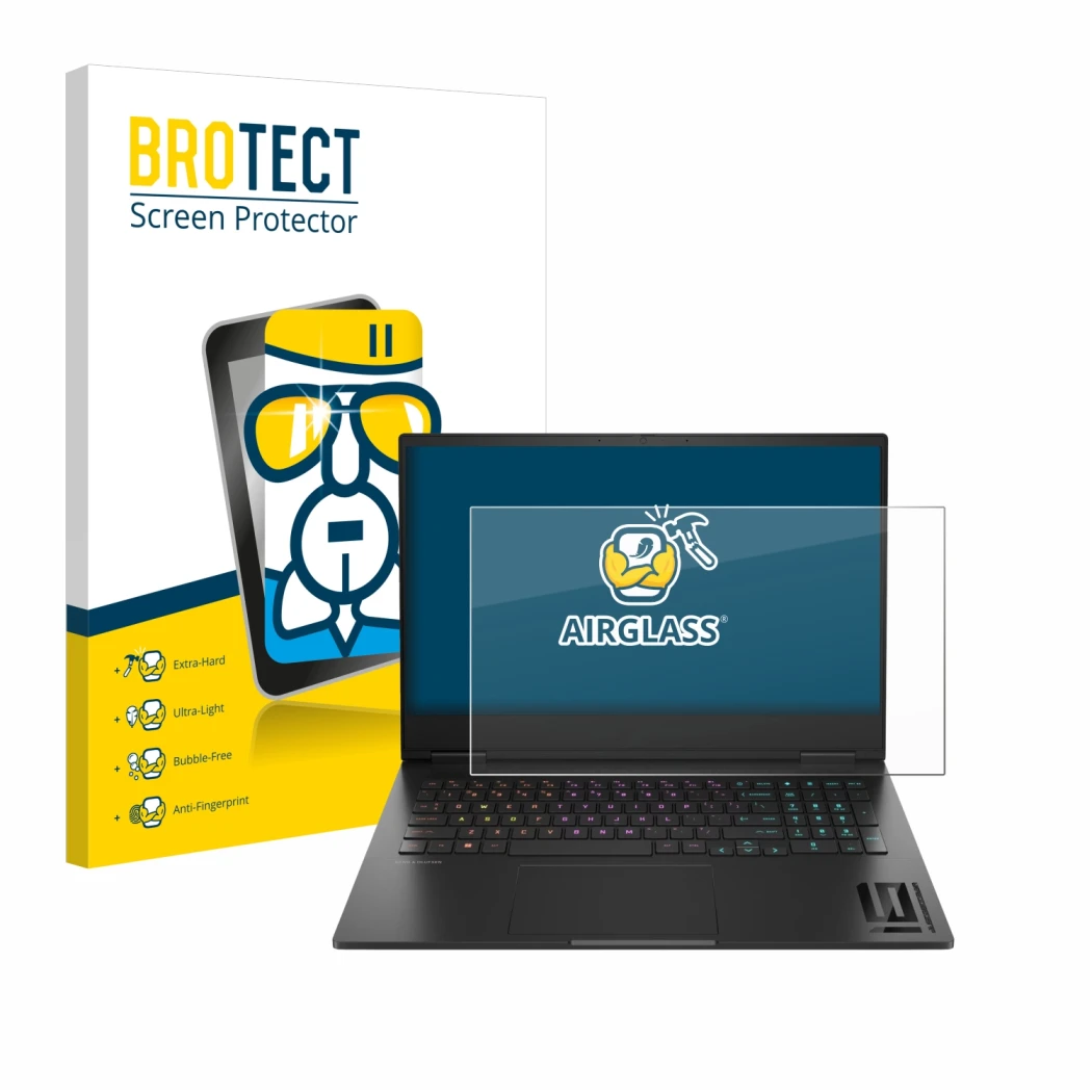 Front side of a product packaging with the brand logo BROTECT. Next to it is the device HP Omen 16 2024 shown with the corresp