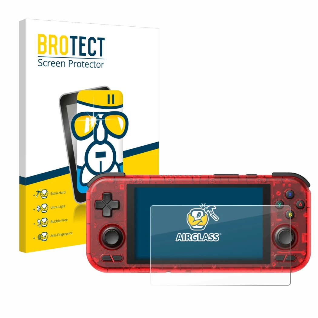Front side of a product packaging with the brand logo BROTECT. Next to it is the device Retroid Pocket 4 Pro shown with the co