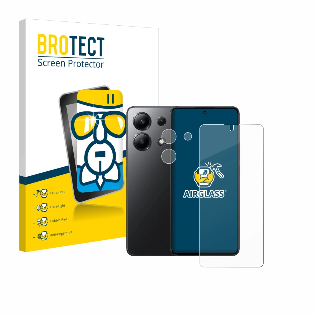 Front side of a product packaging with the brand logo BROTECT. Next to it is the device Xiaomi Redmi Note 13 (Front+Camera) sh