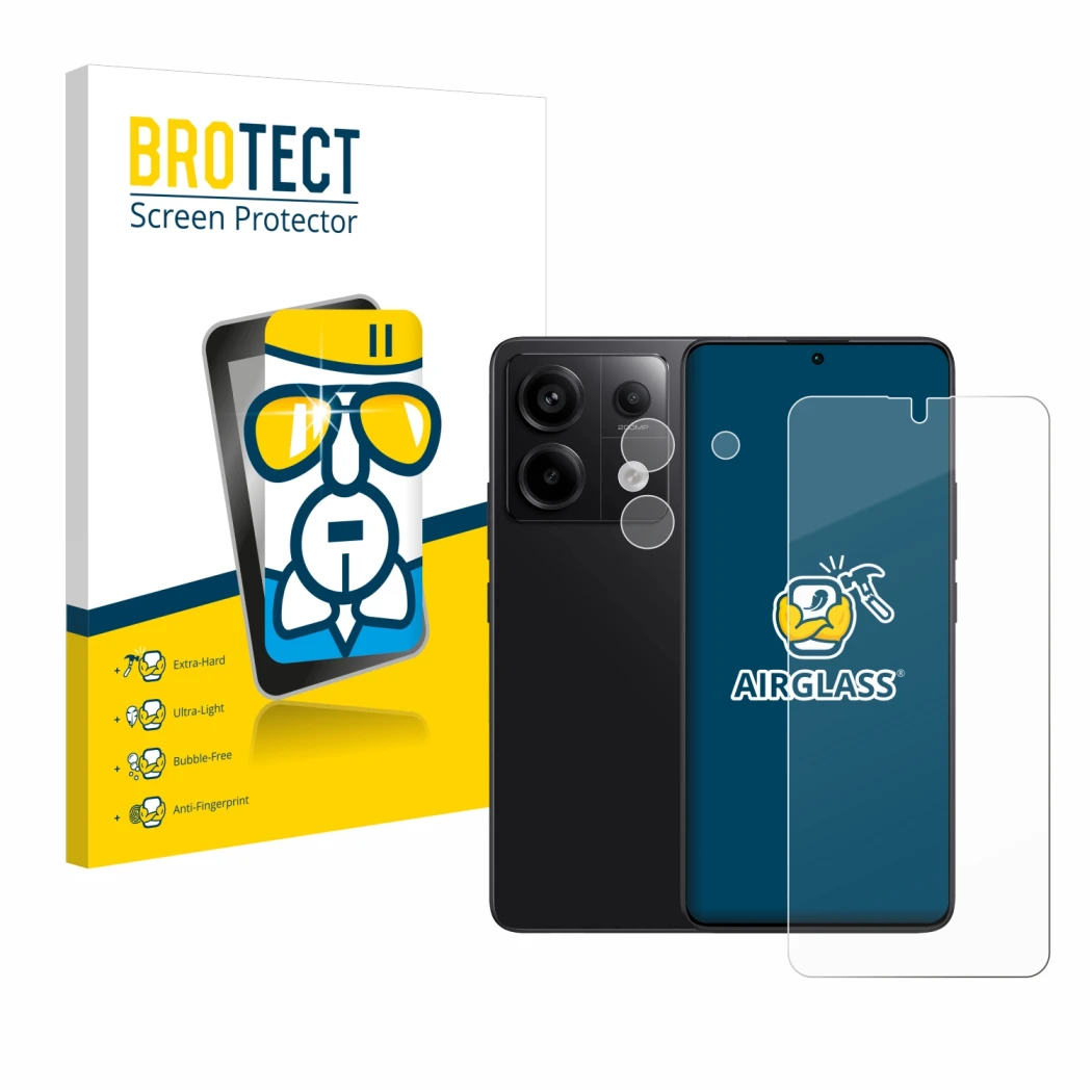 Front side of a product packaging with the brand logo BROTECT. Next to it is the device Xiaomi Redmi Note 13 Pro 5G (Front+Cam