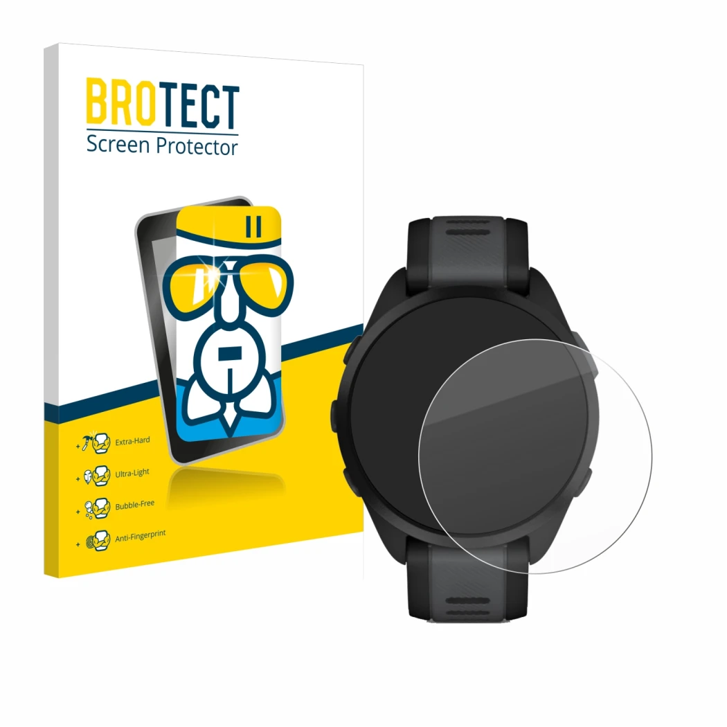 Front side of a product packaging with the brand logo BROTECT. Next to it is the device Garmin Forerunner 165 shown with the c