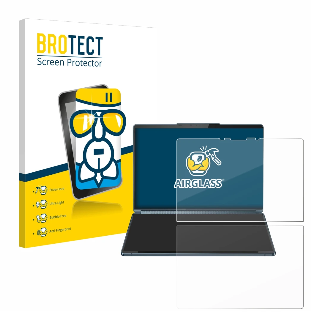 Front side of a product packaging with the brand logo BROTECT. Next to it is the device Lenovo Yoga Book 9i Gen 9 shown with t