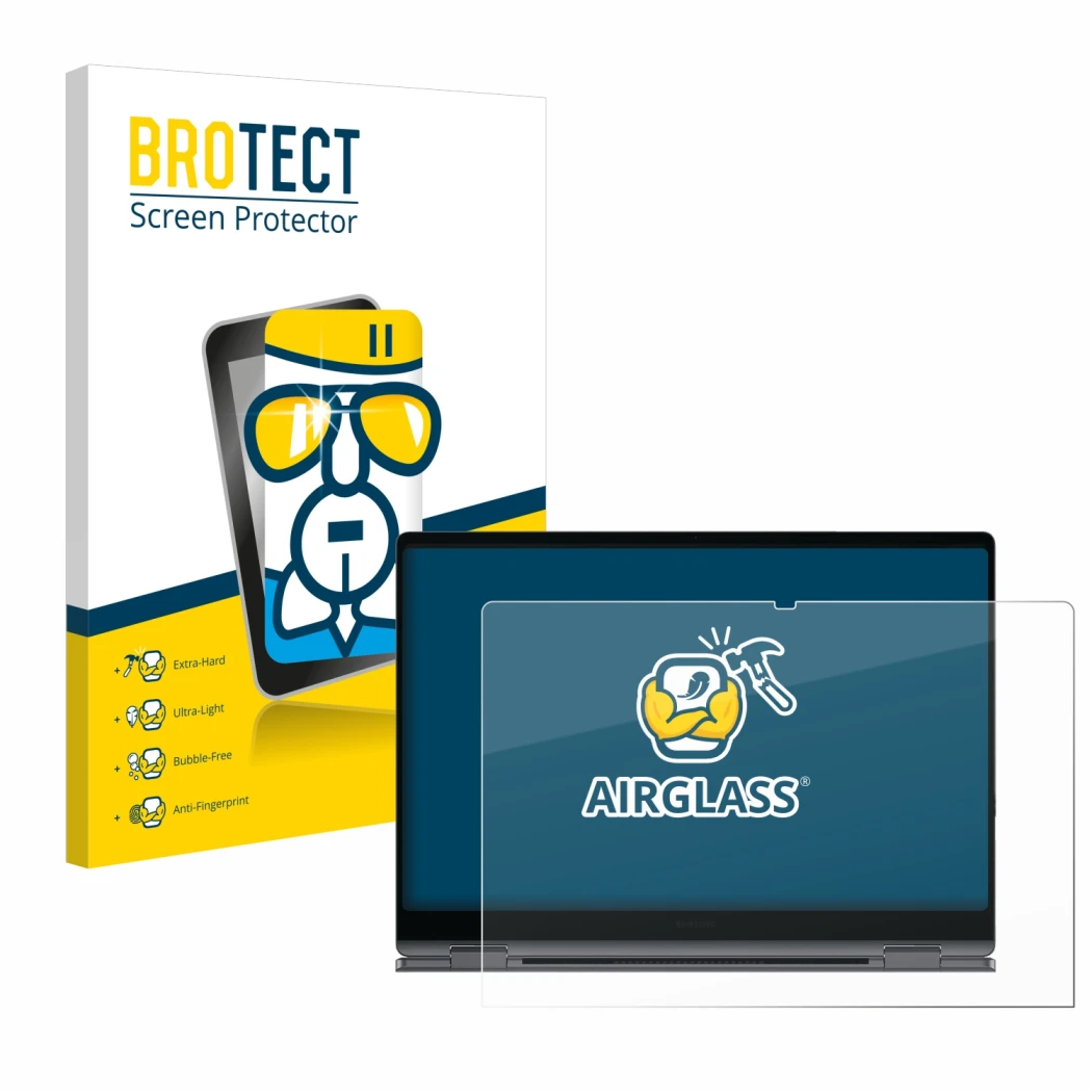 Front side of a product packaging with the brand logo BROTECT. Next to it is the device Samsung Galaxy Book4 Pro 360 16