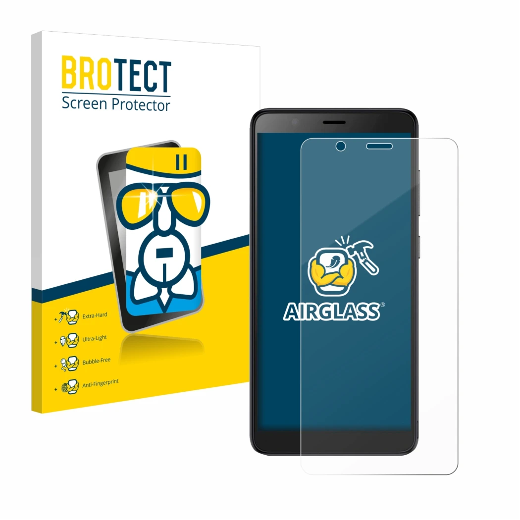Front side of a product packaging with the brand logo BROTECT. Next to it is the device ZTE Blade A32 shown with the correspon