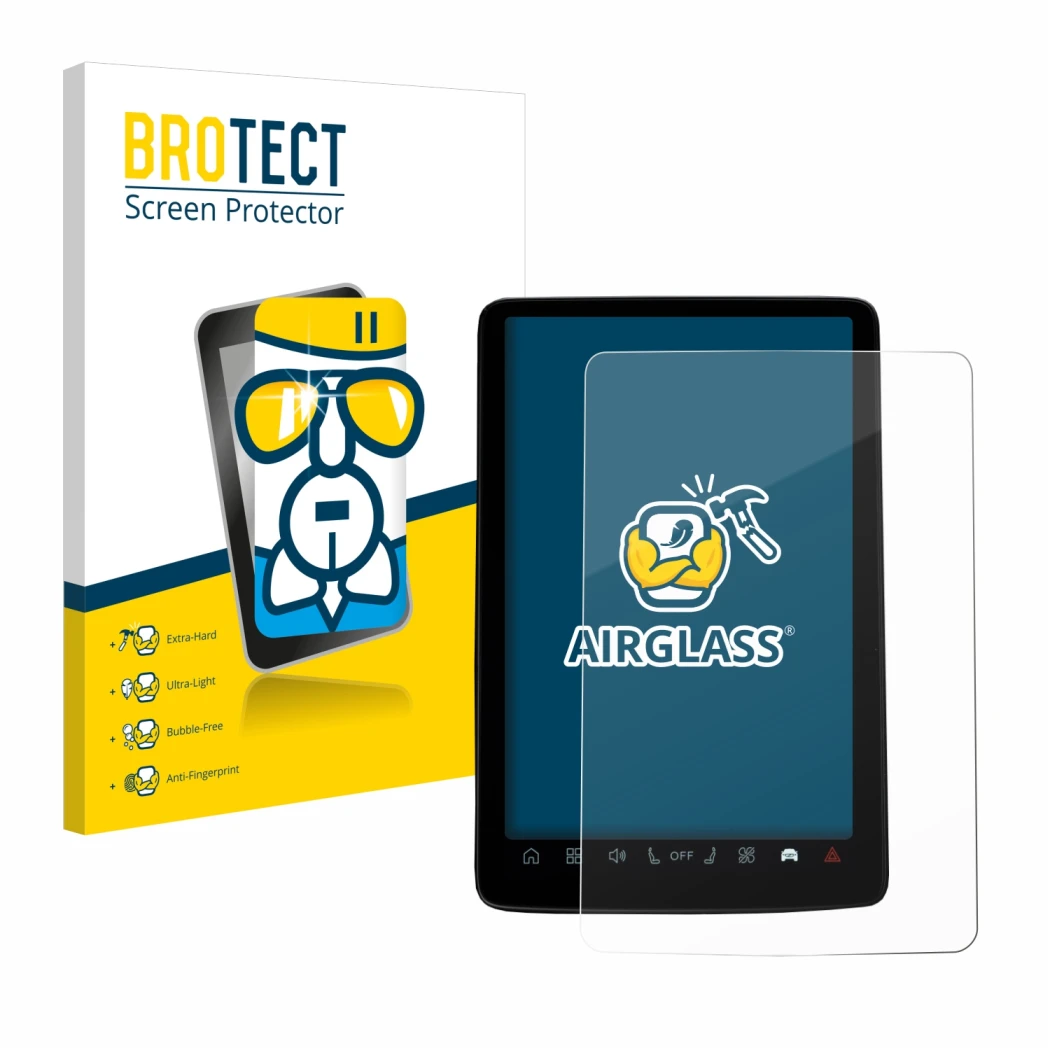 Front side of a product packaging with the brand logo BROTECT. Next to it is the device Volvo EX30 12.3