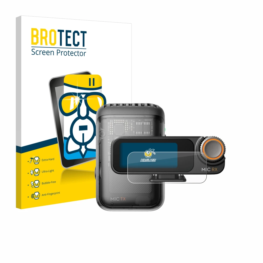 Front side of a product packaging with the brand logo BROTECT. Next to it is the device DJI Mic 2 (Receiver) shown with the co