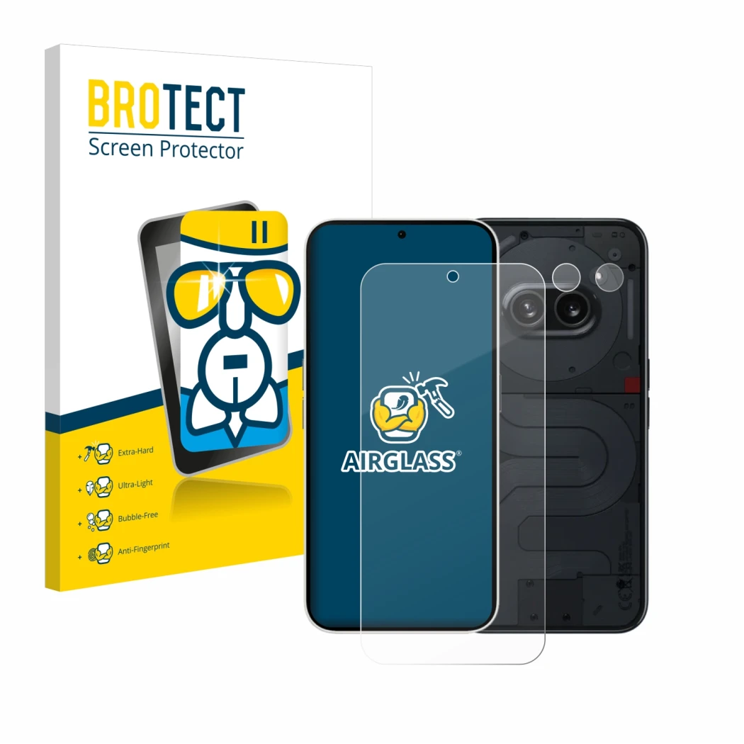Front side of a product packaging with the brand logo BROTECT. Next to it is the device Nothing Phone (2a) (Front+Camera) show