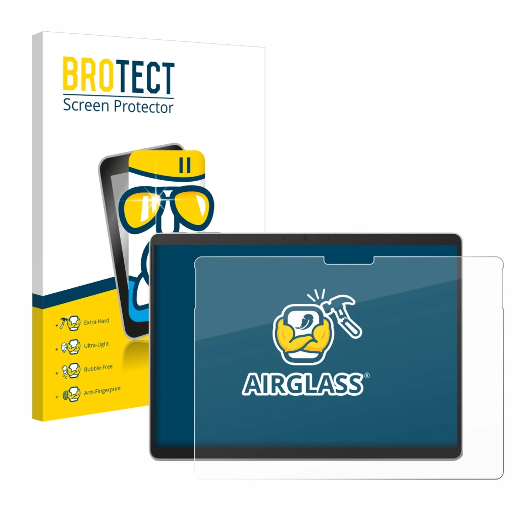 Front side of a product packaging with the brand logo BROTECT. Next to it is the device Microsoft Surface Pro 10 shown with th