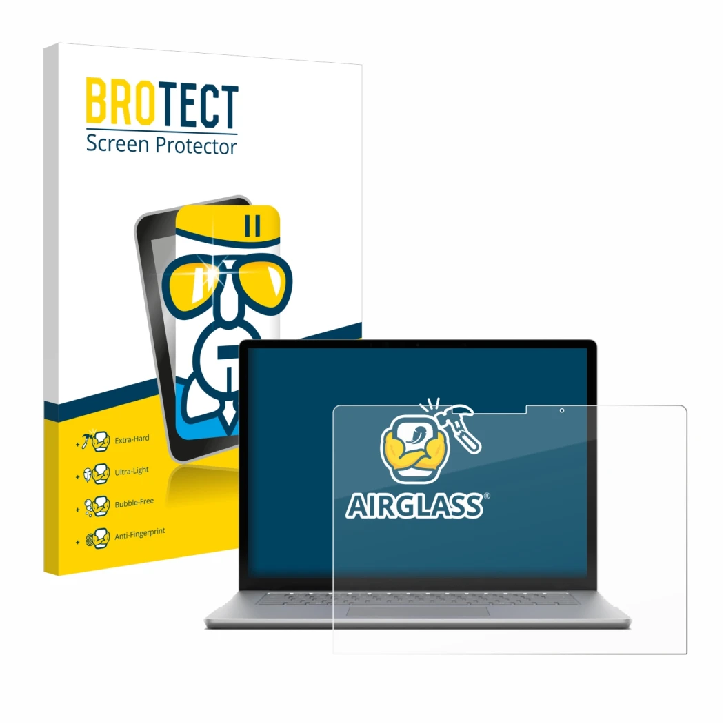 Front side of a product packaging with the brand logo BROTECT. Next to it is the device Microsoft Surface Laptop 6 13.5