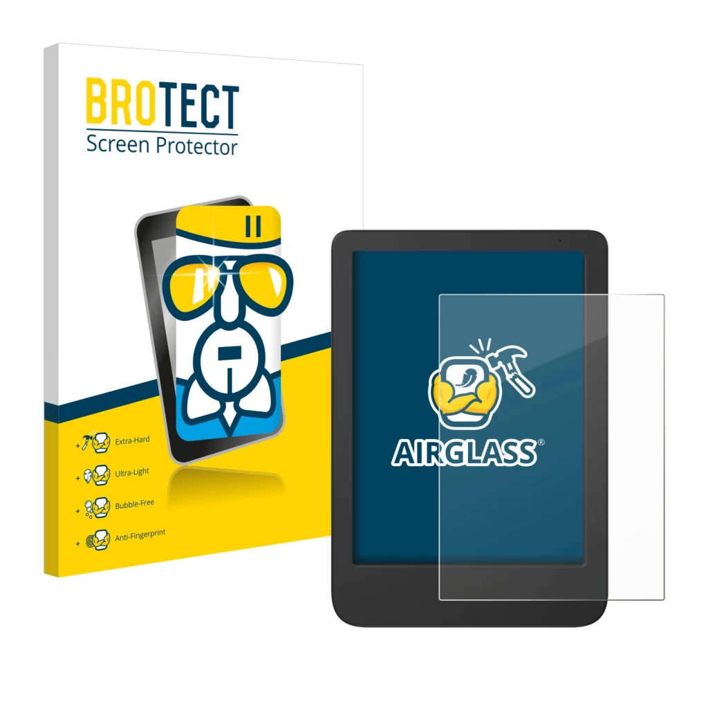 Front side of a product packaging with the brand logo BROTECT. Next to it is the device Tolino Shine 5 Color 2024 shown with t