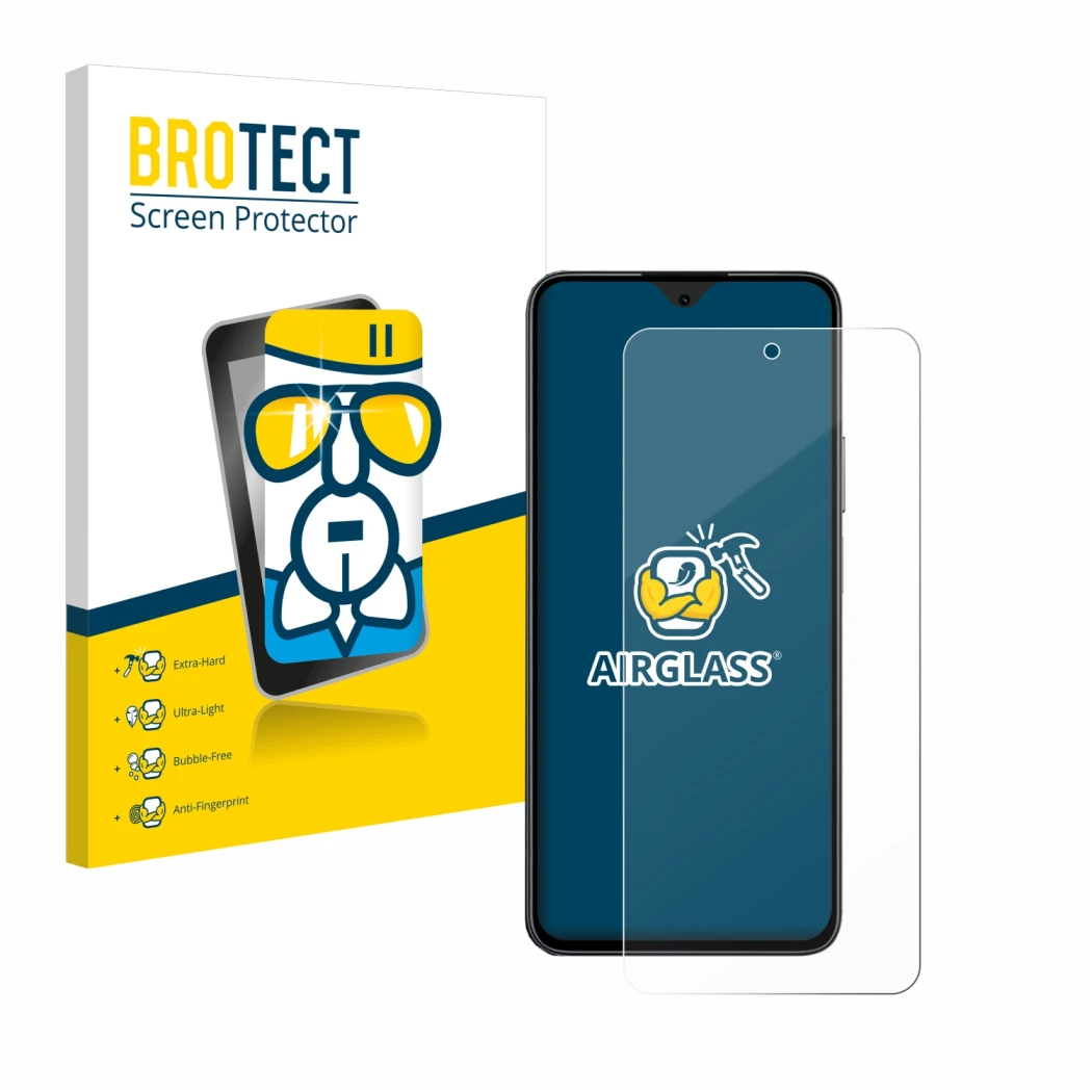 Front side of a product packaging with the brand logo BROTECT. Next to it is the device Honor 90 Smart shown with the correspo