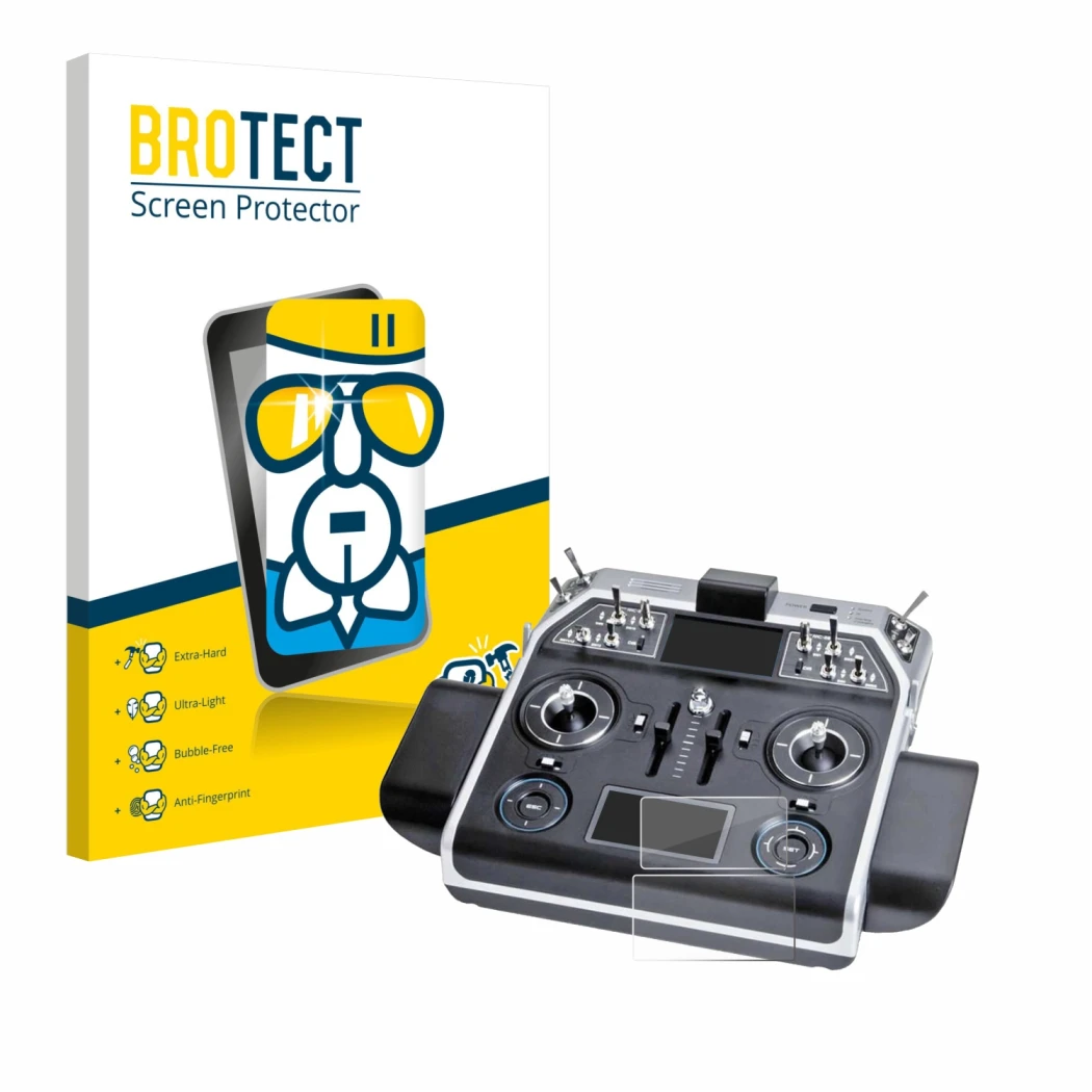 Front side of a product packaging with the brand logo BROTECT. Next to it is the device Graupner MC-28 shown with the correspo