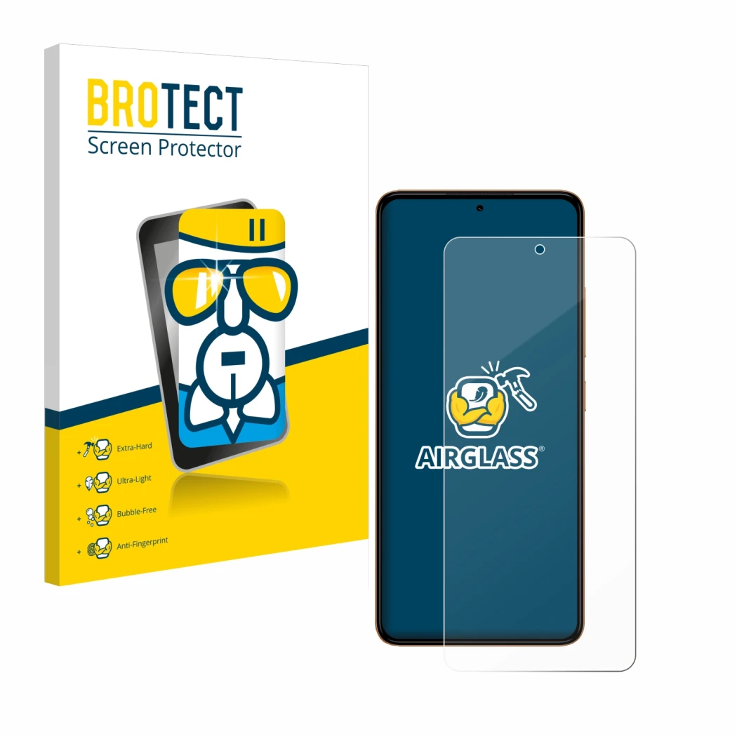 Front side of a product packaging with the brand logo BROTECT. Next to it is the device HMD Pulse Plus shown with the correspo