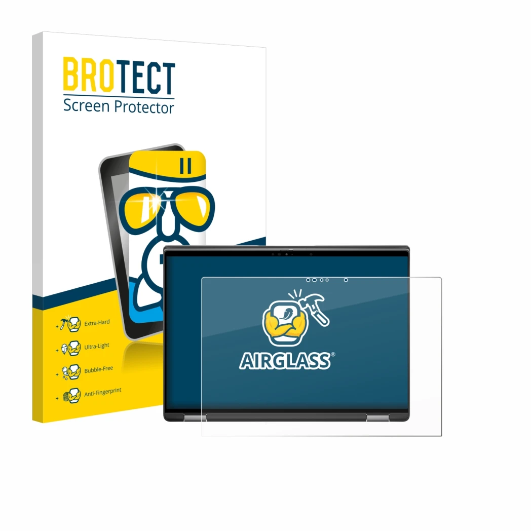 Front side of a product packaging with the brand logo BROTECT. Next to it is the device Dell Latitude 7440 2-in-1 shown with t