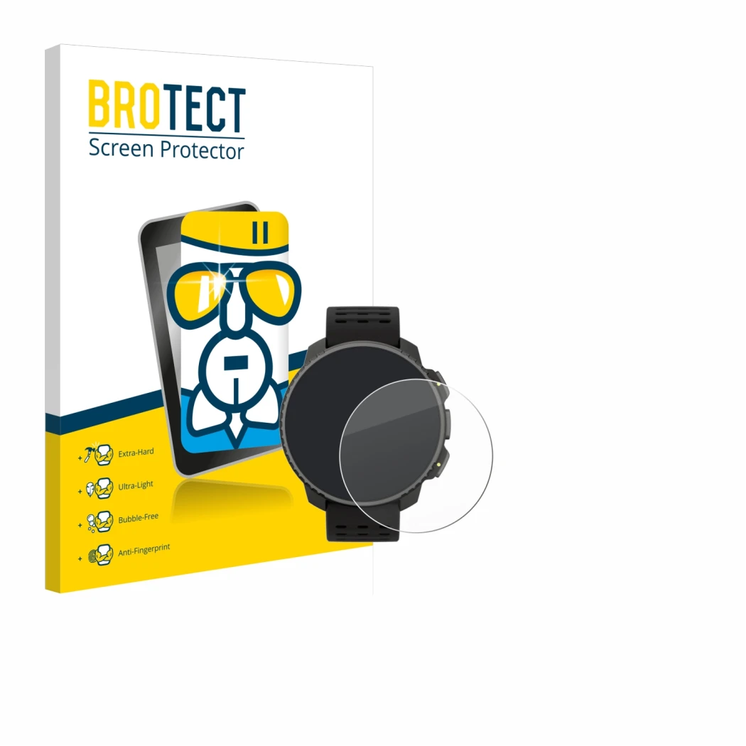 Front side of a product packaging with the brand logo BROTECT. Next to it is the device Suunto Vertical Solar shown with the c