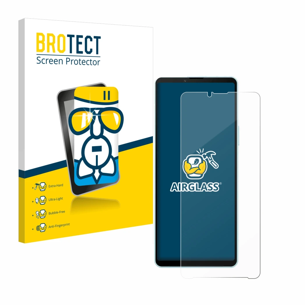 Front side of a product packaging with the brand logo BROTECT. Next to it is the device Sony Xperia 10 VI shown with the corre