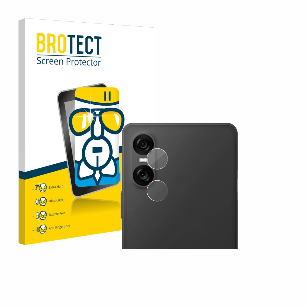 Front side of a product packaging with the brand logo BROTECT. Next to it is the device Sony Xperia 10 VI (ONLY Camera Lens) s