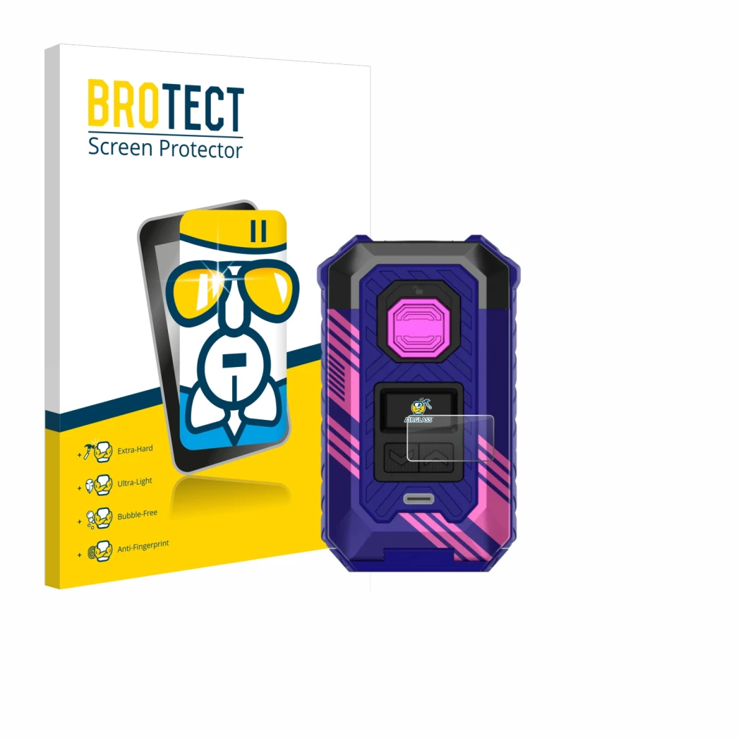 Front side of a product packaging with the brand logo BROTECT. Next to it is the device Vaporesso Armour Max shown with the co