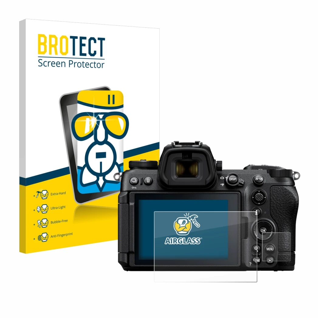 Front side of a product packaging with the brand logo BROTECT. Next to it is the device Nikon Z6 III shown with the correspond