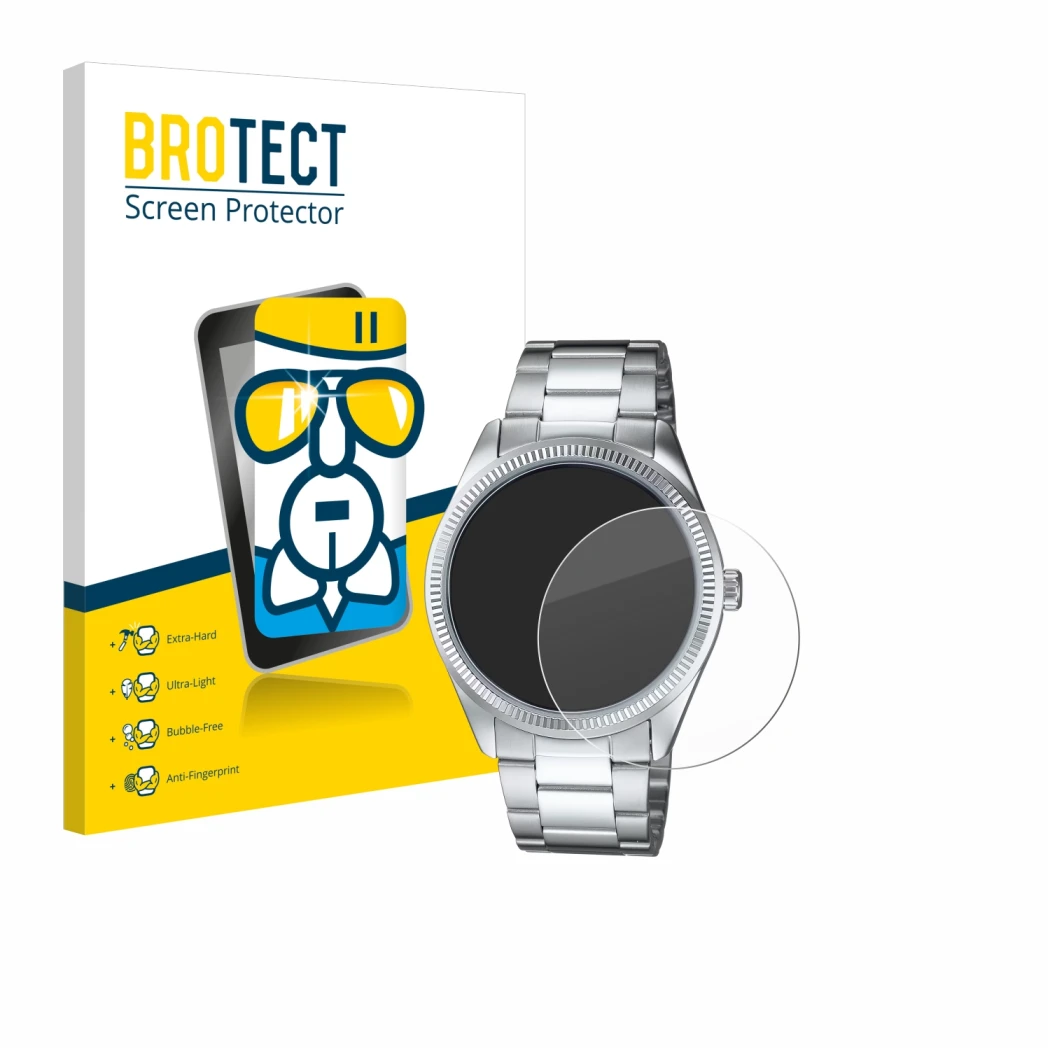 Front side of a product packaging with the brand logo BROTECT. Next to it is the device Casio MTP-1302PD shown with the corres