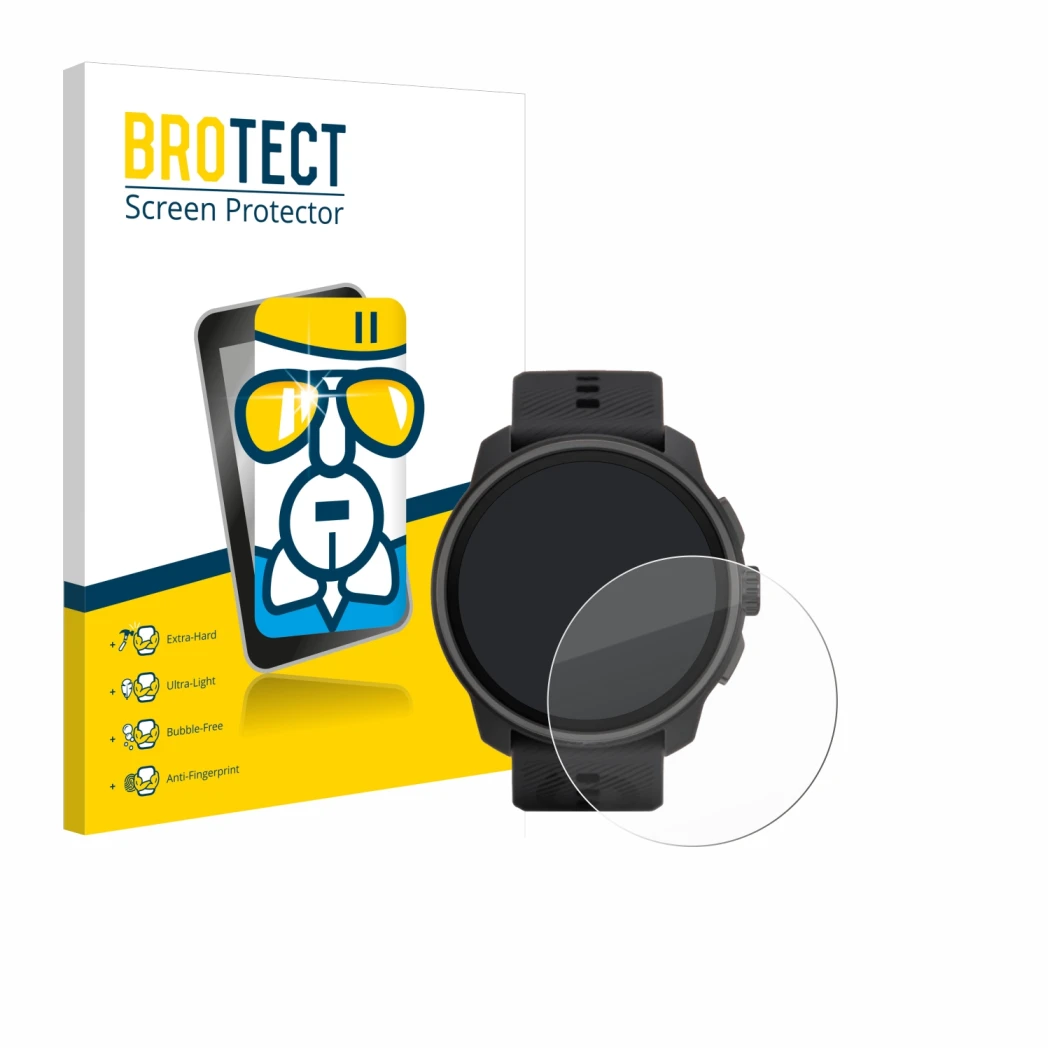 Front side of a product packaging with the brand logo BROTECT. Next to it is the device Suunto Race S shown with the correspon