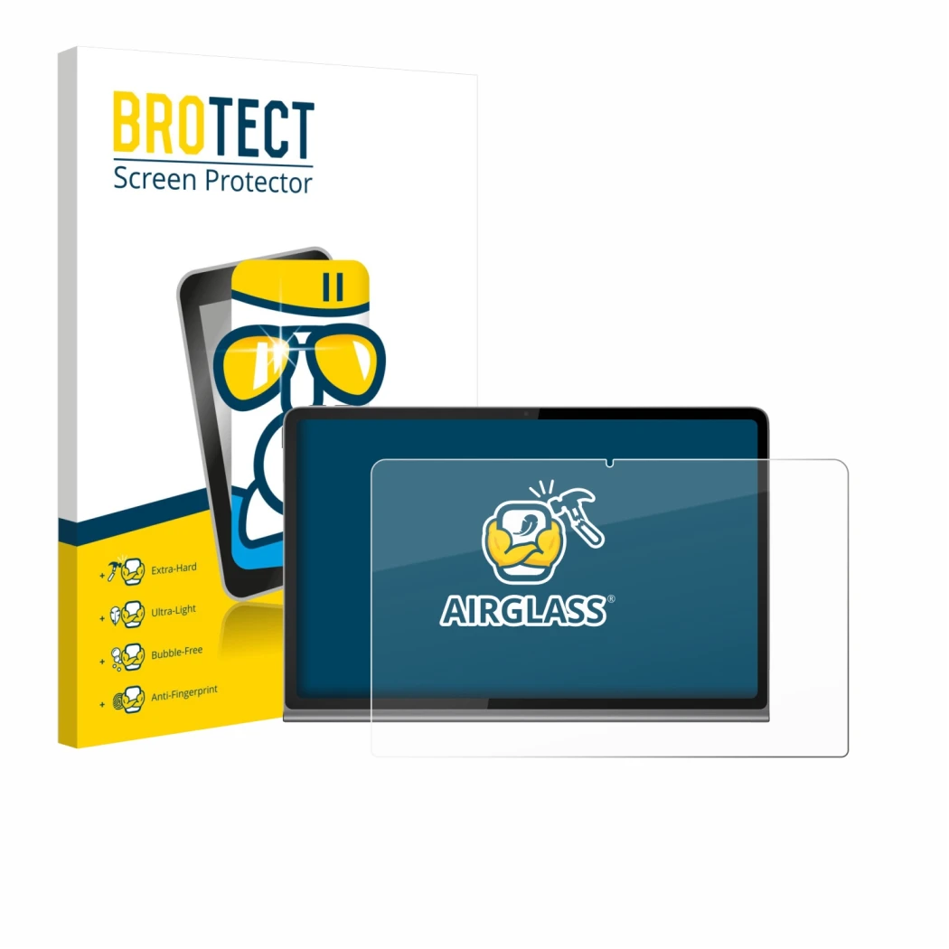 Front side of a product packaging with the brand logo BROTECT. Next to it is the device Lenovo Tab Plus shown with the corresp